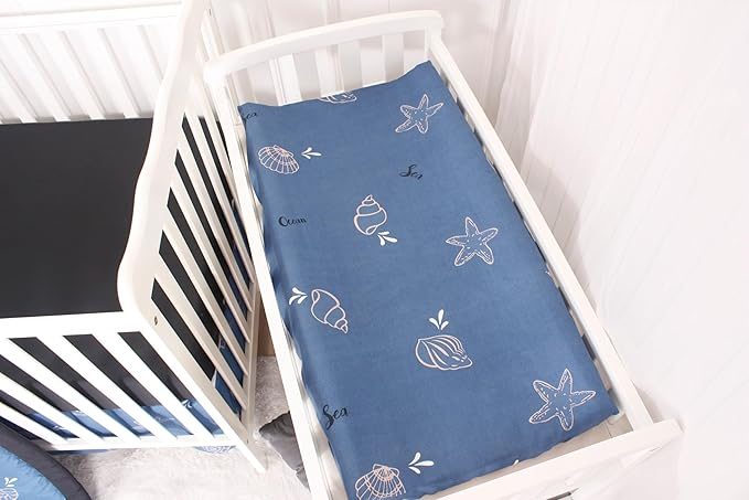 CaSaJa 4-Piece Crib Bedding Set for Boys and Girls, Nursery Baby Bedding Set Including Quilted Comforter with Fitted Crib Sheet and Changing Pad Covers, Reversible Quilt Design, Sea Conch-CubbioJoy