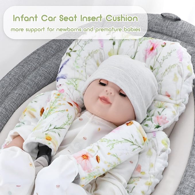 Infant Car Seat Insert, Car Seat Head Support Baby Girls Boys, Soft & Reversible Newborn Carseat Insert Cushion with 2 Strap Covers, for Stroller, Swing, Bouncer (White Wildflowers)-CubbioJoy