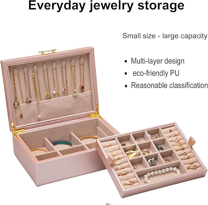2-layer jewelry box，Jewelry Organizer with Handle，with hanging necklace hooks, detachable jewelry trays, suitable for storing a large amount of jewelry gift box (rose gold)-CubbioJoy
