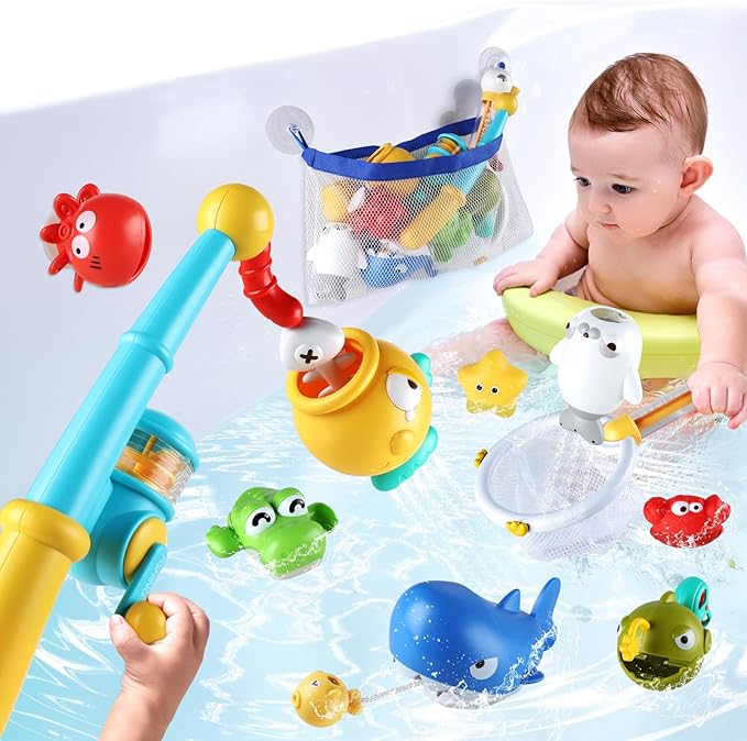 Bath Toys for Kids, Magnetic Fishing Toys with Storage Bag and Light up Star, Wind Up Creatures Baby Bathtub Birthday Gifts for Toddlers 2-4 Boys Girls, 11 Pcs Set-CubbioJoy