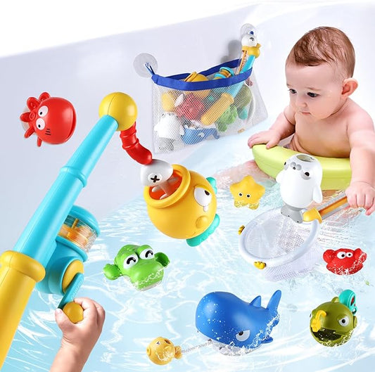 Bath Toys for Kids, Magnetic Fishing Toys with Storage Bag and Light up Star, Wind Up Creatures Baby Bathtub Birthday Gifts for Toddlers 2-4 Boys Girls, 11 Pcs Set-CubbioJoy