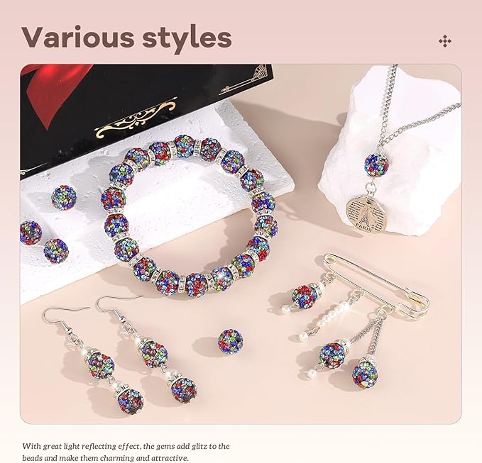 200pcs 10mm Rhinestone Beads for Jewelry Making, Black Mixed Shiny Round Disco Ball Beads Bulk, Sparkle Crystal Clay Christmas for Bracelet Baseball Necklace Earring Crafting and DIY-CubbioJoy