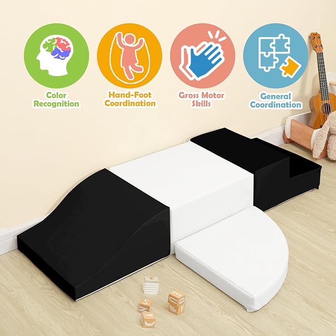 4-Piece Soft PU Leather Toddlers Climbing Toys, Baby Foam Climbing Blocks for Toddlers 3, Indoor Climb and Crawl Activity Play Set, Foam Play Gym Climbing Structures (Black and White)-CubbioJoy