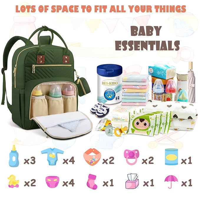 Baby Diaper Bag Backpack, Travel Diaper Bags for Girl Boy Large Capacity Baby Bag Backpack for Women Army Green-CubbioJoy