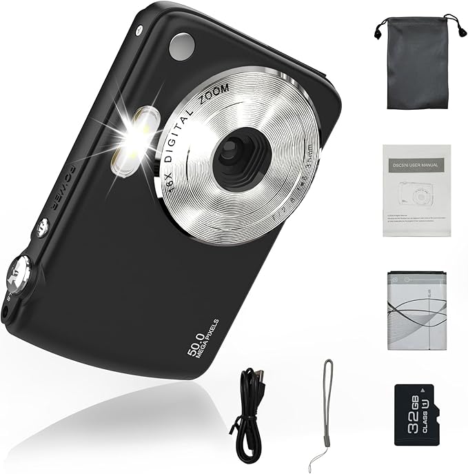 Digital Camera, Kids Cameras for 50MP FHD 1080P, Digital Point and Shoot Camera with 16X Zoom Anti Shake, Compact Small Cameras Gift for Boys Girls Kids, Black-CubbioJoy