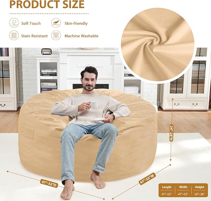 5FT Bean Bag Chair, Large Bean Bag Chairs with Memory Foam Filled, Fluffy Beanbag Sofa with Dutch Velvet Cover, Round BeanBag Chairs for Living Room, Playroom - Khaki-CubbioJoy