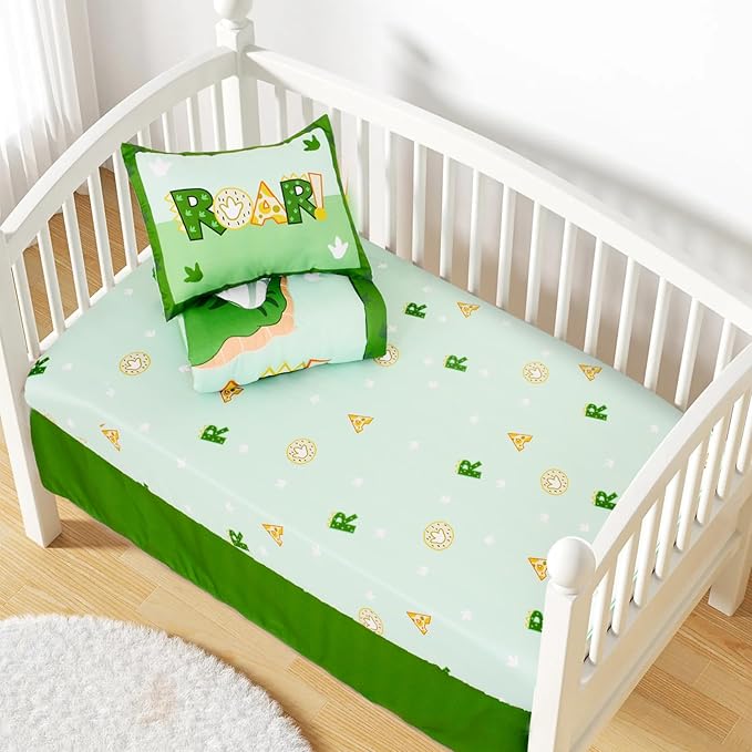 Cloele Crib Bedding Set for Boys,4 Piece Dinosaur Baby Bedding Set,Standard Size Toddler Nursery Bedding Includes Comforter,Crib Skirt,Fitted Sheet&Pillowcase,Soft Dinosaur Blanket-Green-CubbioJoy
