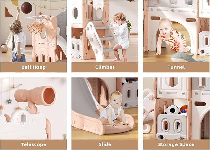 8 in 1 Toddler Slide, Kids Climber Slide with Storage Space and Non-Slip Steps, Indoor Outdoor Playset with Basketball Hoop and Telescope, Slide for Toddlers Age 1-3, Pink White-CubbioJoy