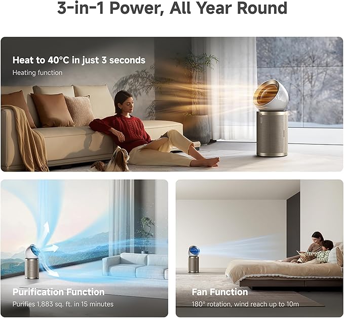 Dreame Air Purifier PM20 for Home Large Room, Cleans 5,650 ft² in One Hour with 4 Filters, Dual-way Air Oulets, Al Tracking, Air Quality Monitor with 7 Sensors, 3-in-1 Purifier, Heater & Cooler-CubbioJoy