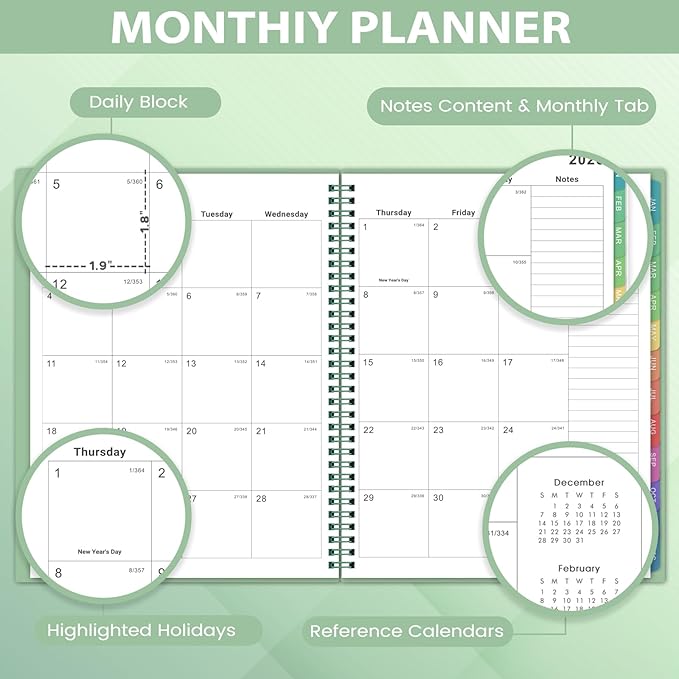 2026 Monthly Planner/Calendar - 2026 Planner, JAN 2026- DEC 2026, Planners with Colorful Tabs, Monthly Planners 2026 for Daily Organizing - Waterproof Cover (8" x10", Note Pages, Green)-CubbioJoy