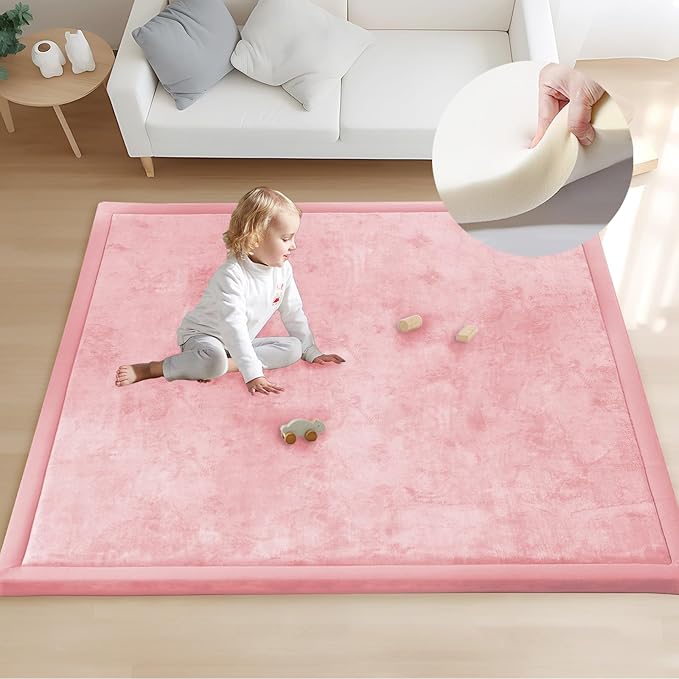 ACOMOPACK Baby Play Mat for Floor 1.3" Thick Memory Foam 50x50 Soft Velvet Playpen Mat for Kids,Infants,Toddlers,Tummy Time Crawling Mats with Non-Slip Bottom,Yoga,Tatami,Nursery Rug（Pink）-CubbioJoy