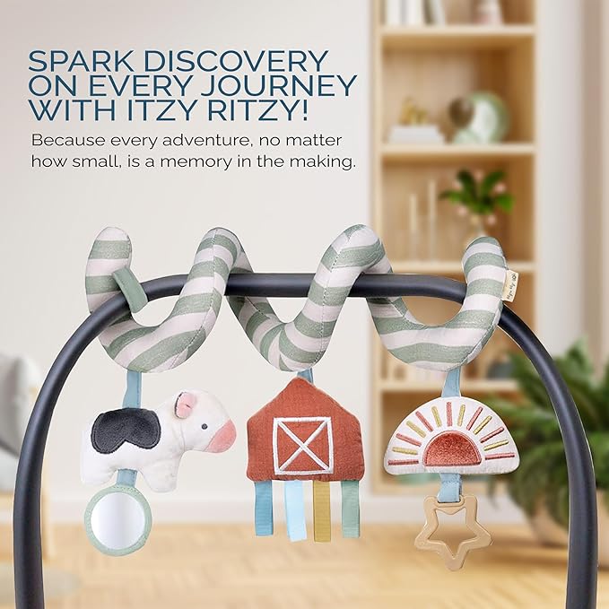 Itzy Ritzy Spiral Car Seat & Stroller Activity Toy - Stroller & Car Seat Toys for Ages 0 Months and Up - Hanging Toys Include Dangling Ring, Mirror and Textured Ribbons (Farm)-CubbioJoy