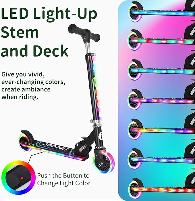 BELEEV V2 Scooters for Kids with Light-Up Wheels & Stem & Deck, 2 Wheel Folding Scooter for Girls Boys, 3 Adjustable Height, Non-Slip Pattern Deck, Lightweight Kick Scooter for Children Ages 3-12-CubbioJoy