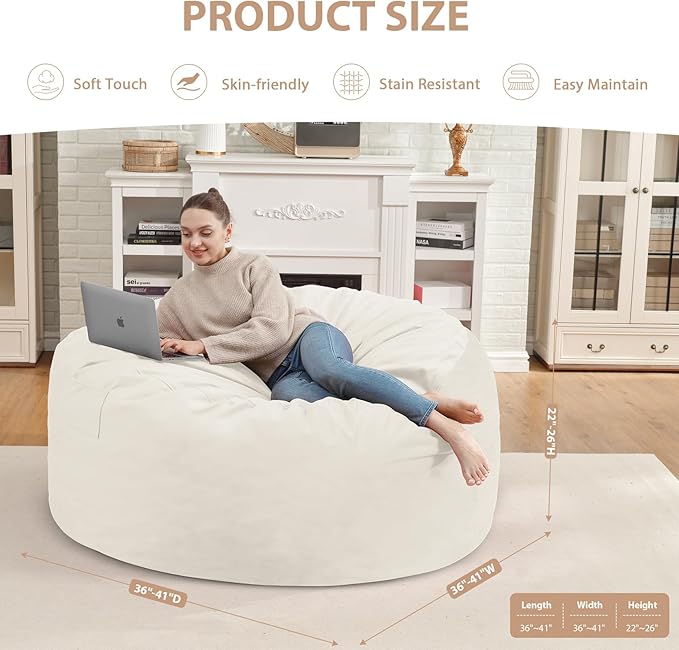 3FT Bean Bag Chair, Comfy Bean Bag Chairs with Memory Foam Filled, Fluffy Beanbag Sofa with Dutch Velvet Cover, Round BeanBag Chairs for Living Room, Playroom - Beige-CubbioJoy