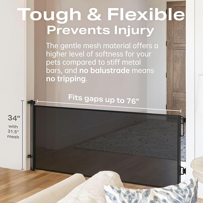 Cumbor 76" Extra Wide Retractable Gates for Stairs, Mesh Dog Gate for The House, 34" Tall Extra Wide Pet Gate for Dogs, Long Safety Gates for Doorways, Hallways, Indoor/Outdoor(Black)-CubbioJoy