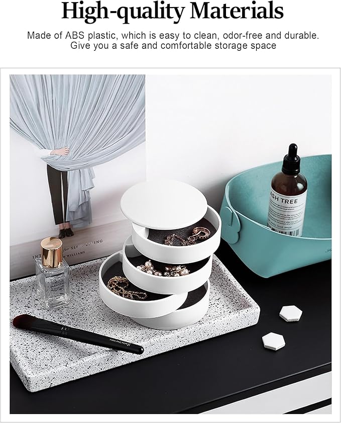 CONBOLA Jewelry Organizer, Small Jewelry Storage Box Earring Holder for Women, 5-Layer Rotating Travel Jewelry Tray Case with Lid for Bracelets Rings Bracelets, Gift for Women Teen Girls(White)-CubbioJoy