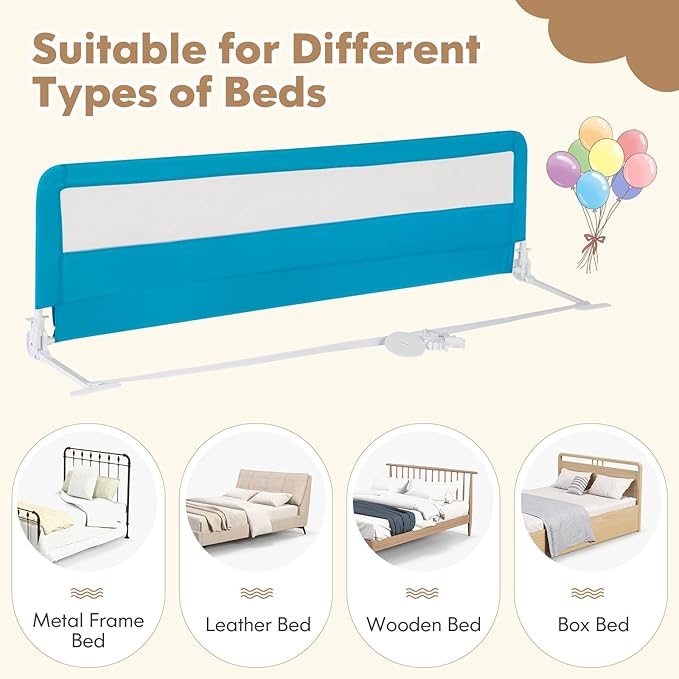 BABY JOY Bed Rails for Toddlers, 71'' Extra Long, Upgraded Swing Down Bed Guard w/Safety Strap, Folding Baby Bedrail for Kids Twin, Double, Full Size Queen & King Mattress (71-Inch, Blue)-CubbioJoy
