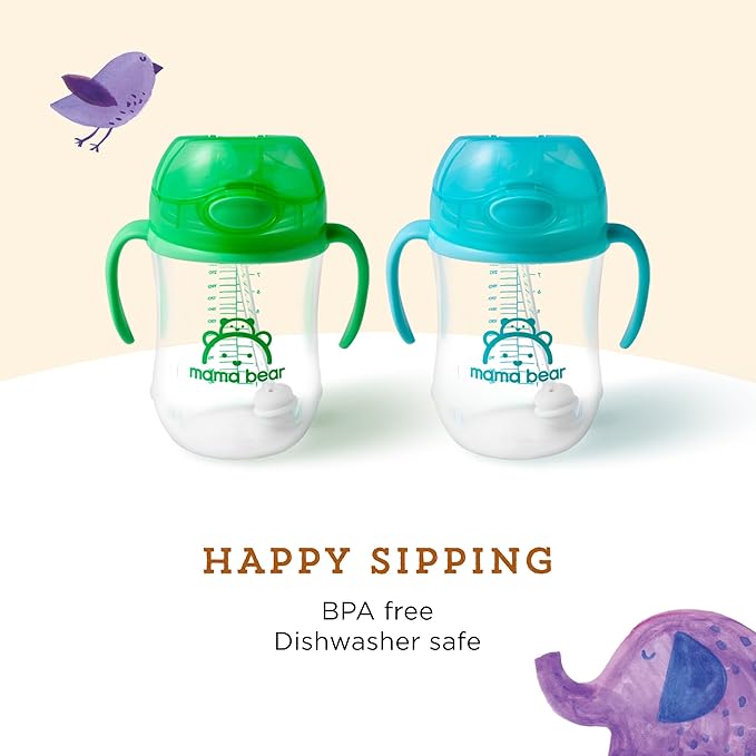Amazon Brand - Mama Bear Silicone Weighted Straw Sippy Cup, 9 Ounces, Pack of 4, Blue/Green-CubbioJoy