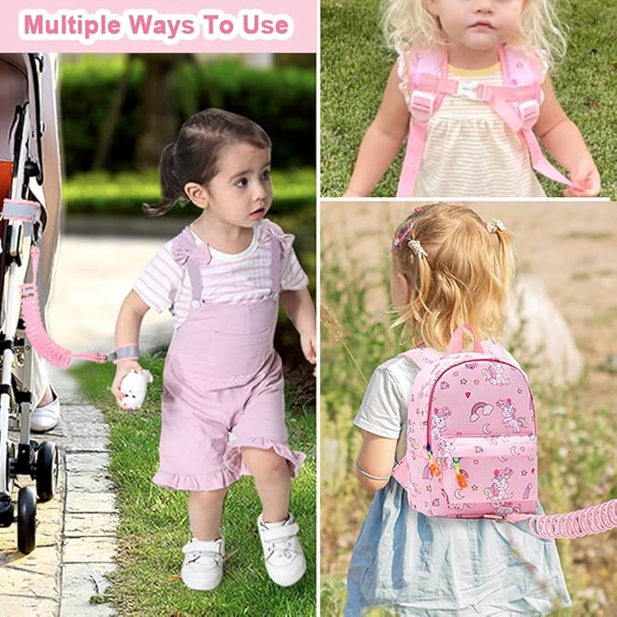Accmor Toddler Backpack Leash with Anti Lost Wrist Link, Cute Mini Child Walking Harnesses Keep Kids Close Back Pack Rope Tether Rein for Baby Boys (Pink/Unicorn)-CubbioJoy