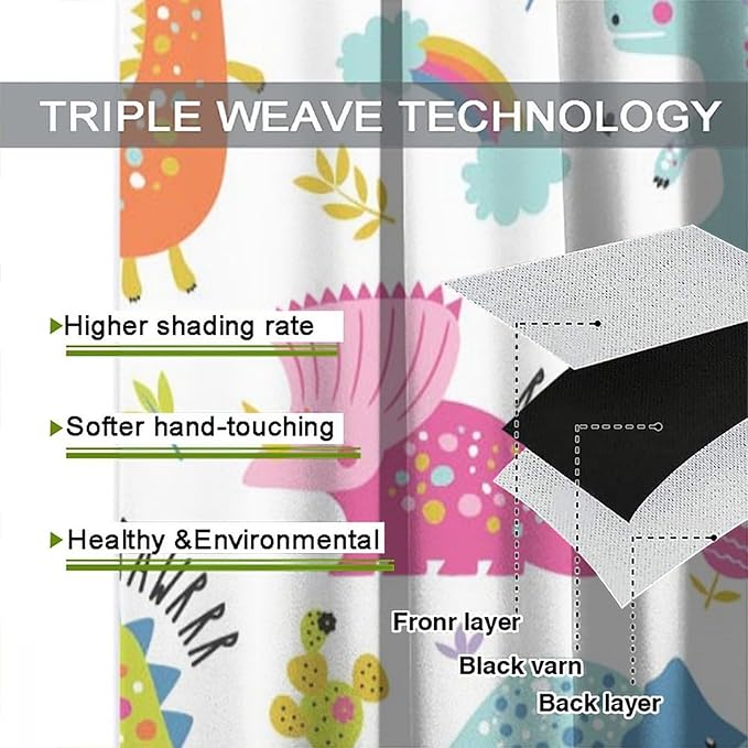 Cartoon Dinosaur Curtains for Kids Boys Girls Home Decor Childish Cute Dino Animals Print Pattern Rod Pocket Blackout Window Drapes for Nursery Baby Bedroom Playroom W27.5xL63in 2 Panels-CubbioJoy