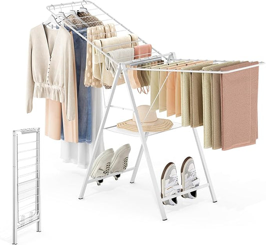 APEXCHASER Drying Rack Clothing, Clothes Drying Rack Foldable, Metal Laundry Drying Rack Collapsible for Sweater Towel Indoor Outdoor, Gullwing Clothes Rack Drying with Height Adjustable Rails, White-CubbioJoy