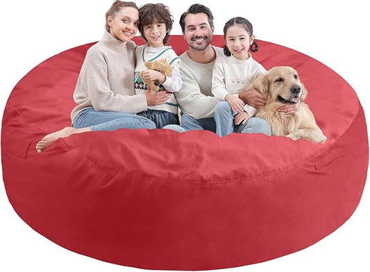 7FT Bean Bag Chair, Large Bean Bag Chairs with Memory Foam Filled, Fluffy Beanbag Sofa with Dutch Velvet Cover, Round BeanBag Chairs for Living Room, Playroom - Red-CubbioJoy