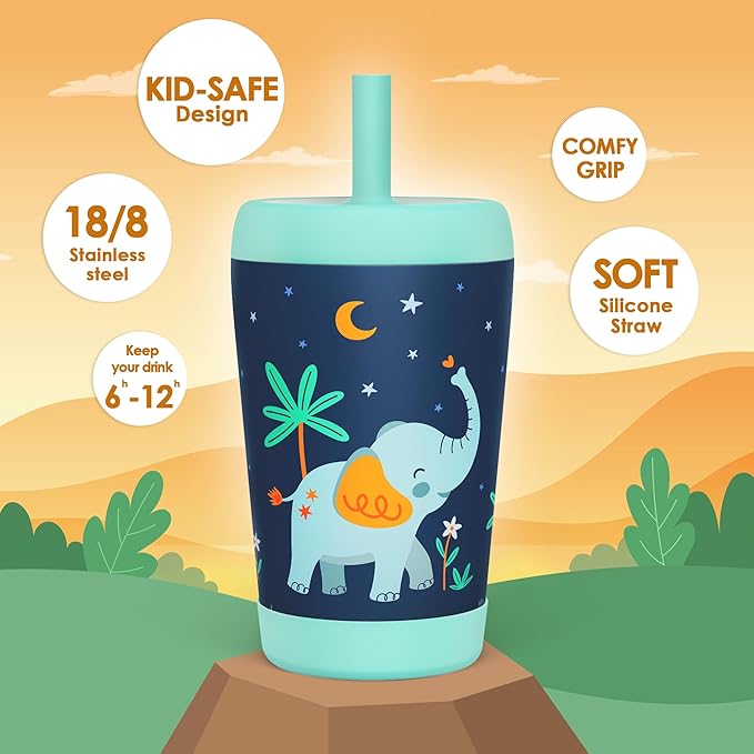 Kid Insulated Stainless Steel Tumbler with Silicone Straw, 12oz Sippy Cup for Kids (Dreamy Elephant)-CubbioJoy