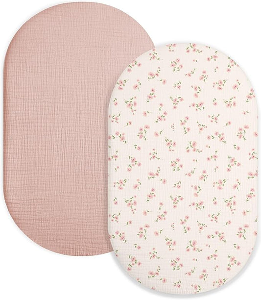 Bassinet Sheet for Baby Boy and Girl 2 Pack, Fitted Sheets for Rectangle, Oval, Hourglass Bassinet Mattress, Muslin Moses Basket Sheets with Neutral Style (Rosy)-CubbioJoy