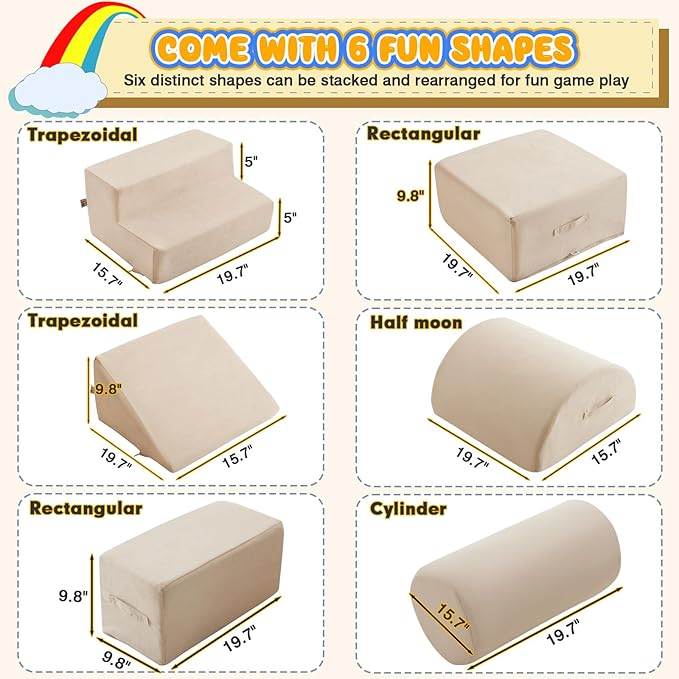 jela Foam Blocks 6Pcs Soft Play Equipment Luxury Miss Fabric, Toddler Climbing Toys Indoor Soft Play Climbing for Toddlers, Lightweight Climbing Blocks for Babies, Kids, Climb and Crawl Foam Playset-CubbioJoy