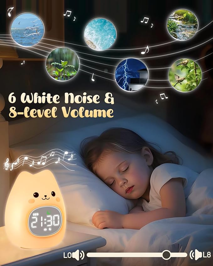 Cat Alarm Clock for Kids with Night Light, Sleep Training Clock Time to Wake Clock, Rechargeable Silicone Light for Bedroom, Perfect Sleep Companion for Boys Girls-CubbioJoy
