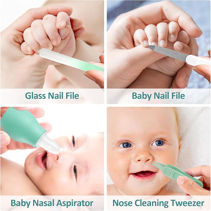 Baby Grooming Kit, Infant Safety Care Set with Hair Brush Comb Nail Clipper Nasal Aspirator,Baby Essentials Kit for Newborn Girls Boys (Green)-CubbioJoy