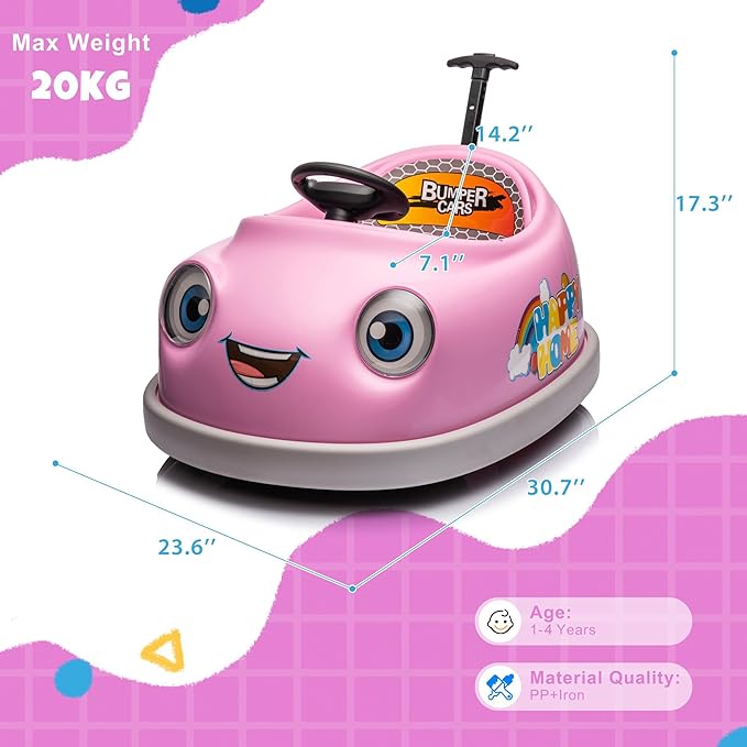 12V Dual Battery Electric Ride on Kids Bumper Car w/Remote Control,360 Degree Spin,Push Rod Rocker Horse Function,3-Speeds Babies & Toddlers Bumping Car Ride on Toy Gift for 1-4 Years Children (Pink)-CubbioJoy