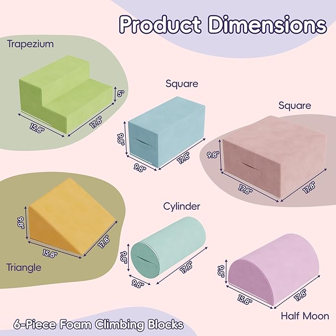 6 Piece Foam Climbing Blocks for Toddlers, Baby Climbing Gym with Ultra High Density Foam for Crawling and Sliding, Indoor Soft Play Set for Infant, Babies & Kids (Multicolor A, 6-Piece)-CubbioJoy