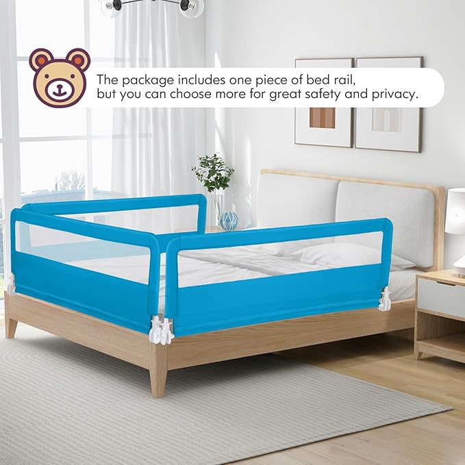 BABY JOY Bed Rails for Toddlers, 59'' Extra Long, Swing Down Bed Guard w/Safety Straps, Folding Baby Bedrail for Kids Twin, Double, Full Size Queen & King Mattress (Blue, 59-Inch)-CubbioJoy