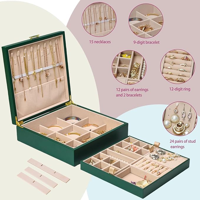 2-layer jewelry box，Jewelry Organizer with Handle，with hanging necklace hooks, detachable jewelry trays, suitable for storing a large amount of jewelry gift box (Large-Green)-CubbioJoy