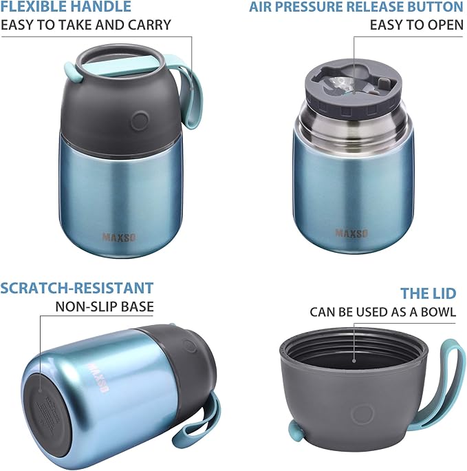 Insulated Thermo Food Jar for Hot & Cold Food for Kids Adult, 17 oz Soup Thermal Hot Food Containers for Lunch, Triple Layer Insulation Stainless Steel Food Jar with Spoon (Lightblue)-CubbioJoy