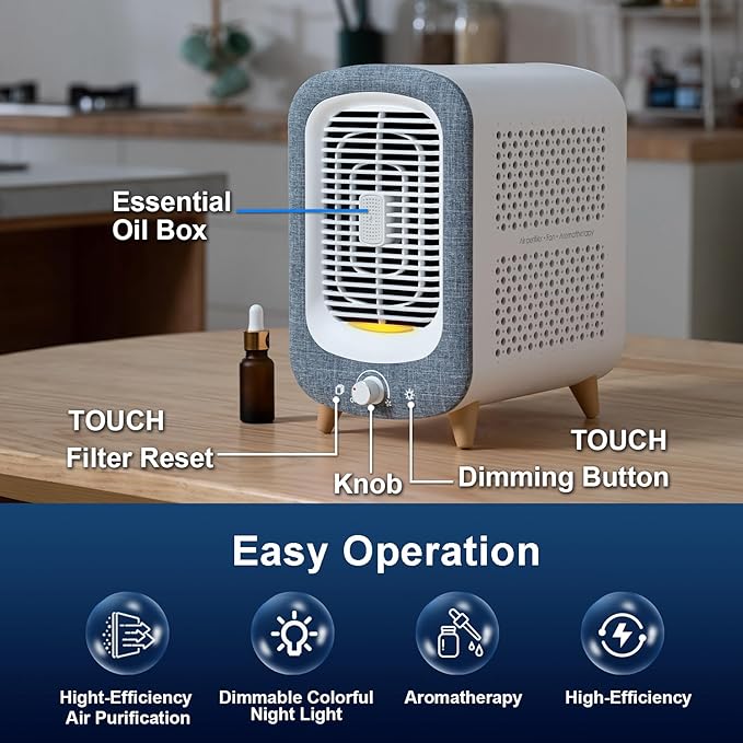 Jafanda Air Purifier for Home Bedroom 780sq ft, HEPA & Activated Carbon, Air Cleaner with Fragrance Sponge & Nightlight for Smoke, Allergies, Dust, Odor, VOC, Pet Dander, Pollen, Office, Desktop,Grey-CubbioJoy