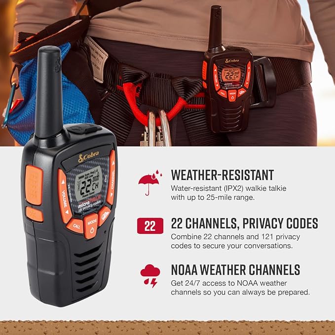 Cobra ACXT345 Weather-Resistant Walkie Talkies & Compatible Cobra Surveillance Headset - Rechargeable, 22 Channels, Long-Range, 2 Two-Way Radios, 2 Headsets, Black/Orange-CubbioJoy
