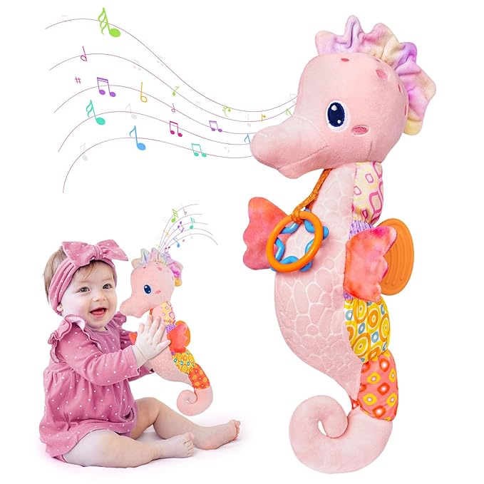Baby Toys 0-6 Months,Infant Musical Seahorse Stuffed Animals Sensory Toys with Bright Colors,Multiple Textures,Rattles & Crinkle Sound Paper,Soft Tummy Time Toy for Newborn Boys Girls 0-12 Months-Pink-CubbioJoy