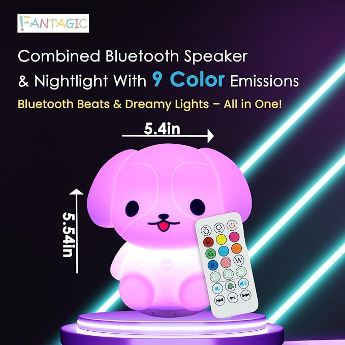 Combined Bluetooth Speaker & Nightlight With 9 Color Emissions, Child Friendly Silicone & BPA Free, USB Recharging, Receives Audio From Computer, Phone Or Tablet, and includes Remote Control (Dog)-CubbioJoy