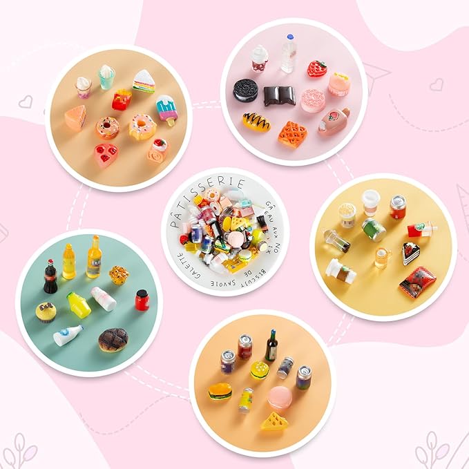 50 Pcs Miniature Food Drink Bottles Soda Pop Cans Pretend Play Kitchen Game Party Accessories Toys Hamburg Cake Ice Cream for 1/12 Doll House (25Food+25Drink)-CubbioJoy