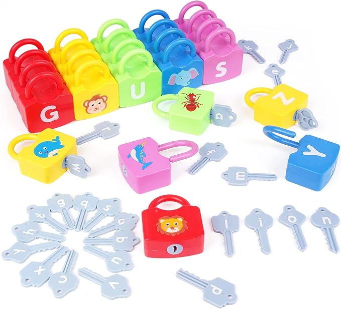 AXEARTE Montessori Educational Toys - Alphabet Learning Locks and Keys for Toddlers - 26 Locks & Keys Set - Baby Sensory Fine Motor Skills Toys - ABC Locks and Keys-CubbioJoy