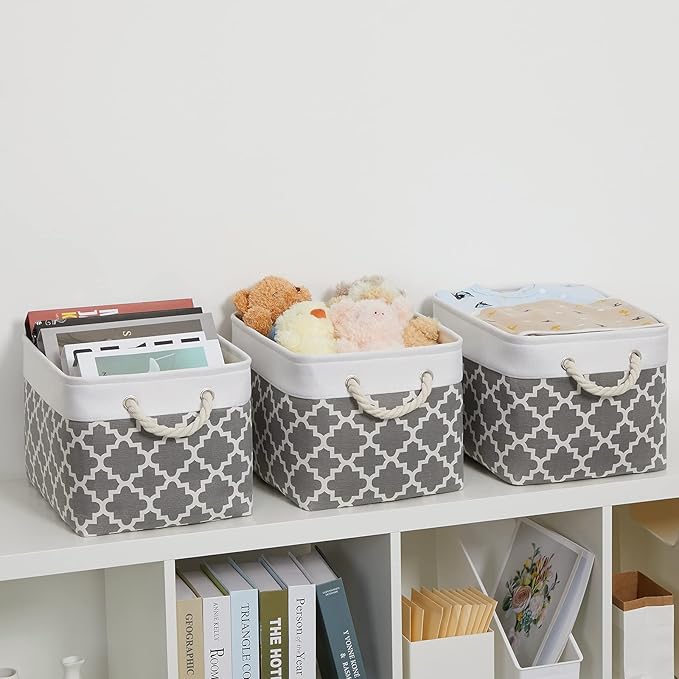 Bidtakay Basket Storage Bins Baskets for Organizing Set of 3 Collapsible Cloth Storage Linen Closet Organizer 15 X 11 X 9.5 Inches Large Foldable Baskets for Shelves (White&Quatrefoil Grey)-CubbioJoy
