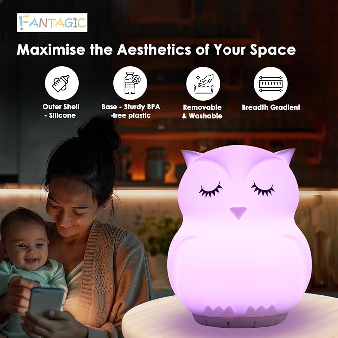 Combined Bluetooth Speaker & Nightlight With 9 Color Emissions, Child Friendly Silicone & BPA Free, USB Recharging, Receives Audio From Computer, Phone Or Tablet, and includes Remote Control (Owl)-CubbioJoy