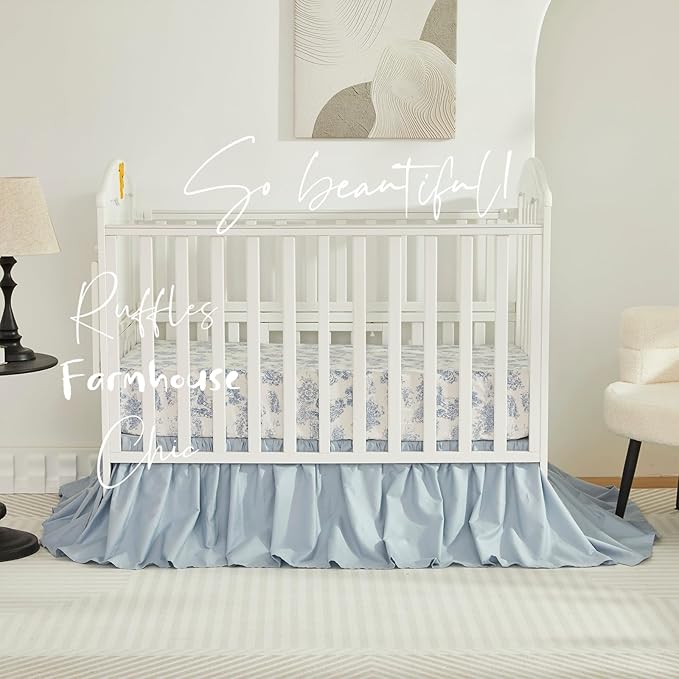 Brandream 3 Pieces French Country Toile Crib Bedding Set for Girls Vintage Blue Toile Floral Print 100% Cotton Baby Girl Nursery Bedding Collection - Ruffles Quilt,Toile Crib Sheet,Crib Bed Skirt-CubbioJoy