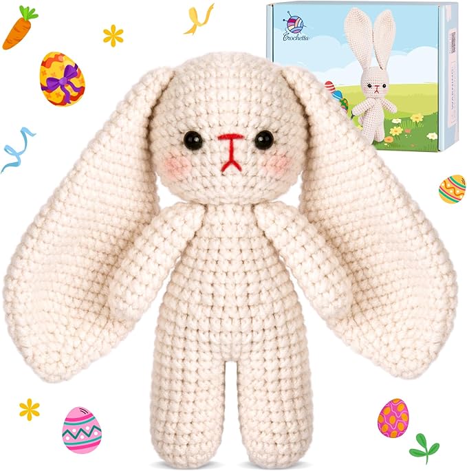 Crochetta Crochet Kit for Beginners, Crochet Starter Kit w Step-by-Step Video Tutorials, Beginner Crochet Kit Knitting Supplies for Adults Kids, Crochet Bunny(40%+ Yarn)-CubbioJoy