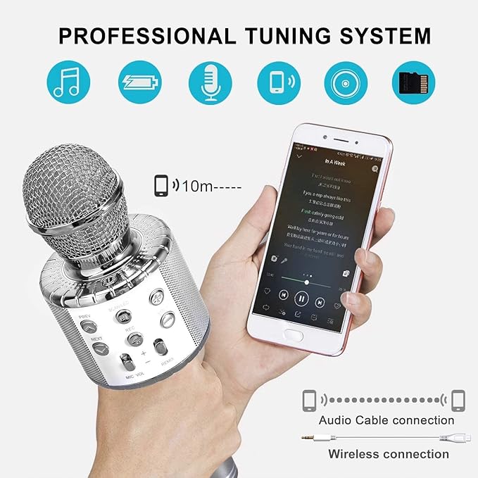 BlueFire 4 in 1 Karaoke Wireless Microphone with LED Lights, Portable Microphone for Kids, Great Gifts Toys for Kids, Girls, Boys and Adults (Silver)-CubbioJoy