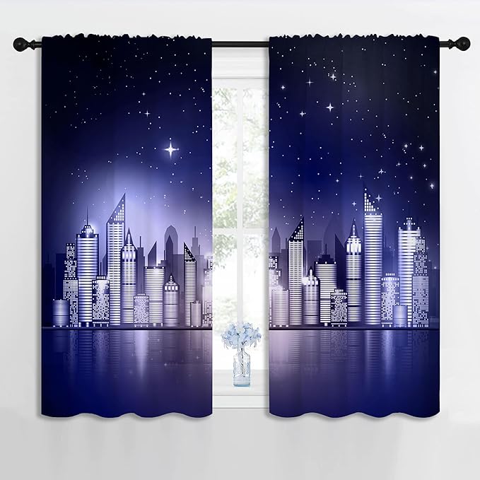 City Rod Pocket Blackout Curtains for Boy Girl Bedroom, New York Skyline Modern City Starry Sky Night View Thermal Insulated Home Window Drapes for Living Room Darkening, 42x45 inch-CubbioJoy