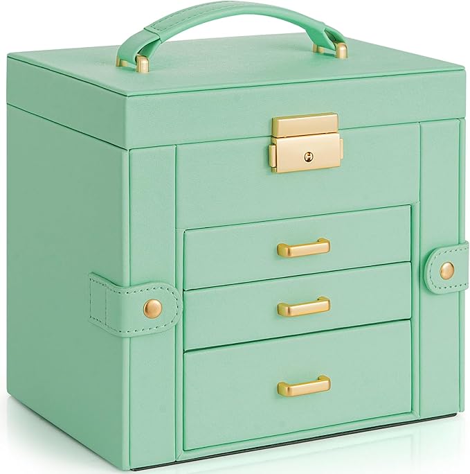 AKOZLIN 4-Tier Jewelry Box Leather Jewelry Storage Organizer with 3 Drawers Lockable for Women Girls Ring Necklace Earring Bracelet Holder with Mirror-CubbioJoy