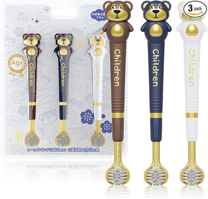 3 Sided Toothbrush for Kids, Japanese Design Triple-Angle Toothhugger, Cartoon Bear Design for Autism Toddlers, Kids Toothbrush for Aged 3-12, Soft Bristles for Gentle Gum Care (3Pack)-CubbioJoy